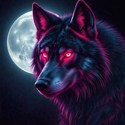 The primary subject of the image is a wolf with glowing eyes, standing in front of a full moon. The wolf appears to be staring at the camera, creating a sense of intensity and focus. The setting is a nighttime environment, with the moon serving as the main source of light. The visual style of the image is a combination of digital art and illustration, giving it a unique and captivating appearance. The colors and mood of the image are predominantly dark and moody, with the glow
